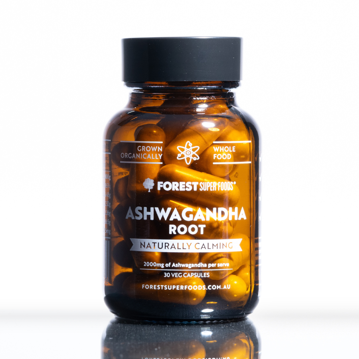 Mini Pure Ashwagandha Root Capsules bottle by Forest Super Foods with organic calming root supplement in amber jar