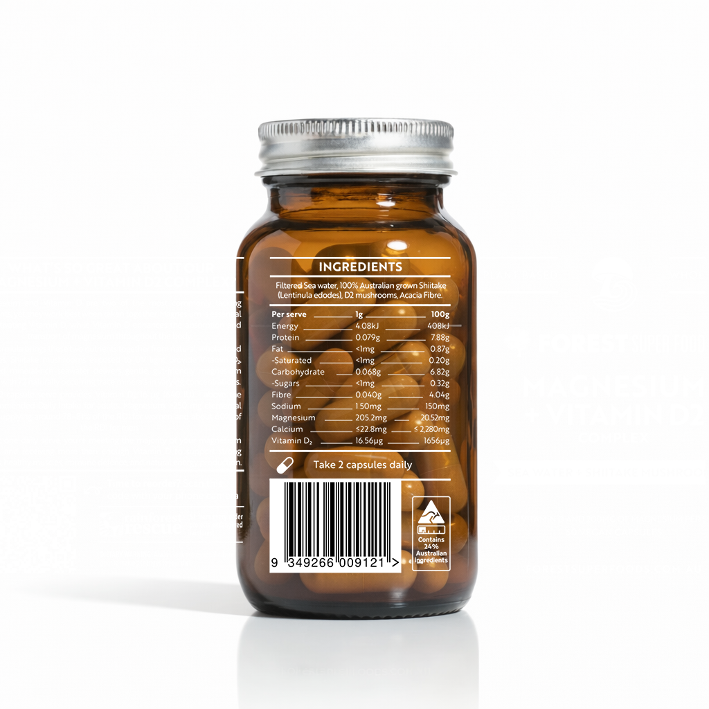 Amber glass bottle showing ingredients and nutrition facts for Magnesium + Vitamin D2 capsules by Forest Super Foods