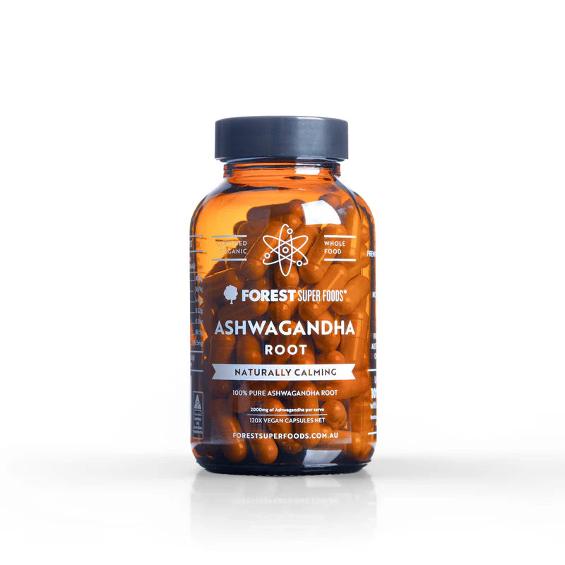 Whole-food Ashwagandha capsules in a glass bottle by Forest Super Foods