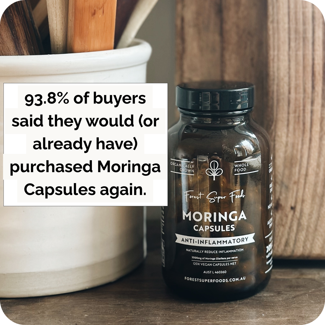 Organic Moringa Capsules bottle showing anti-inflammatory benefits and 120 vegan capsules by Forest Super Foods